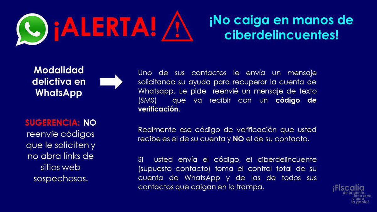 ¡CUIDADO! 
Ciberdelincuentes se hacen pasar por “somos la seguridad de WhatsApp”, envían código de seis dígitos por mensaje de texto o nota de voz, para extraer su cuenta.

Imagen de <a href="/FiscaliaCol/">Fiscalía Colombia</a>