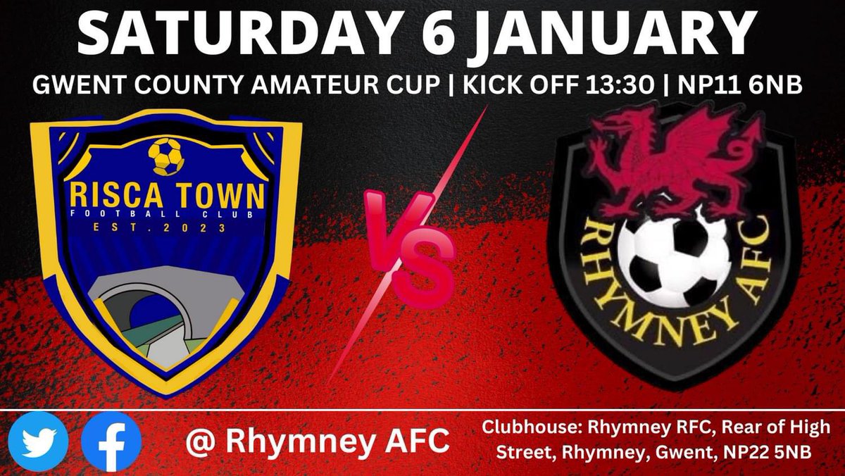 FIXTURE | Rhymney FC first game of 2024 is an away trip to face Risca Town FC in The Gwent County Amateur Cup this Saturday 6 January with kick off at 13:30. Can the Brewers start 2024 with a win and a run in the cup? #Brewers 🔴 ⚫️⚽️