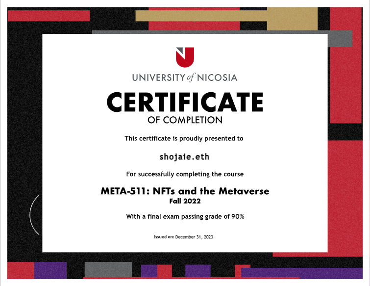 0xShojaie's tweet photo. Gn✨
Proud to show off my 2024 surprise from @unicmetaverse 

Generative student certifications for University of Nicosia's META-511: NFTs and the Metaverse.

The UNIC Generative Certificates are the first fully on-chain generative art university certificates.
Every piece is unique and ever piece of data, including the metadata is delivered from the contract.

The Art and content are incredibly unique.
Thanks again @giaglis @punk6529