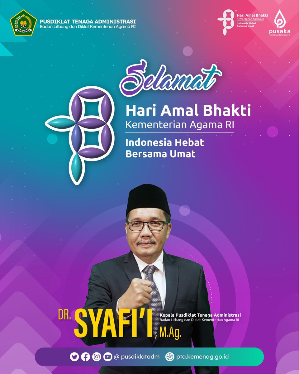 Selamat Hari Amal Bhakti  Kementerian Agama Republik Indonesia ke-78 

'Indonesia Hebat Bersama Umat' 

#pusdiklatadm
#balitbangdiklatagama
#kemenagri
#hariamalbhakti2024