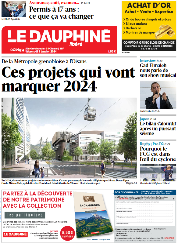 LeDL_Grenoble's tweet image. Bonjour ! 
Voici la Une du DL Sud-Isère, pour l’édition "Du Grésivaudan à l’Oisans", ce mercredi 3 janvier. Retrouvez votre journal en version numérique sur : c.ledauphine.com/liseuse/editio…

#dauphinelibere #chantiers #permis @FCGrugby 

Bonne journée, bonne lecture.