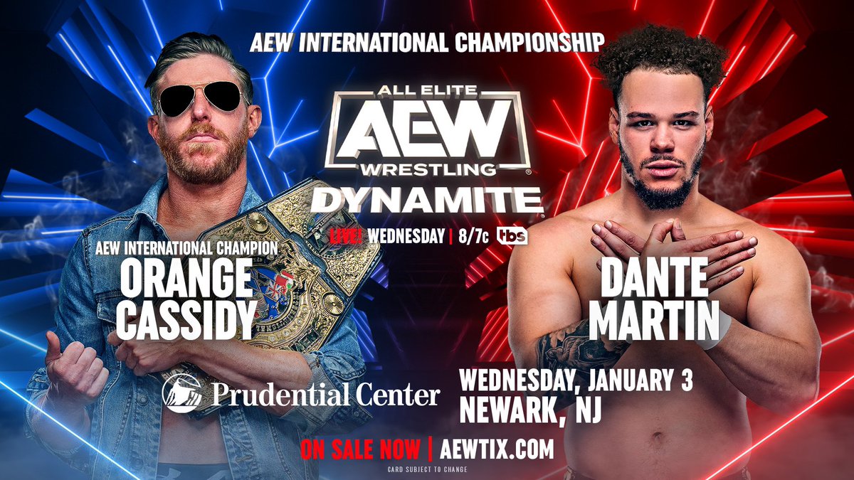 TOMORROW, 1/3 @PruCenter Newark Wednesday Night #AEWDynamite TBS, 8pm ET/7pm CT AEW International Title Match @orangecassidy vs @lucha_angel1 After he scored the win vs Best Friends last week, Dante Martin fights International Champ Orange Cassidy for the belt on TBS, TOMORROW