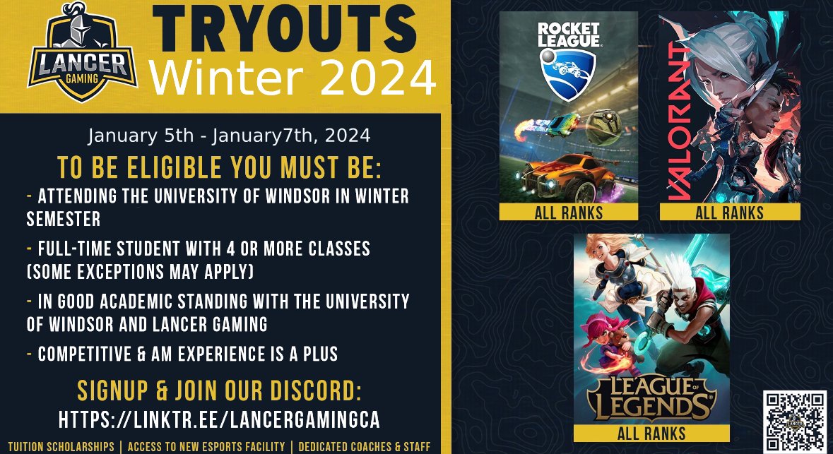 BECOME A #LANCER 🔥

Official Lancer Gaming Open TRYOUTS
> January 5th and 6th 
> Open to all ranks
> Valorant, Rocket League, League of Legends
>  Potential for up to $1000 in scholarships

Join the Discord for more info...🤺
discord.gg/TEH78GW4