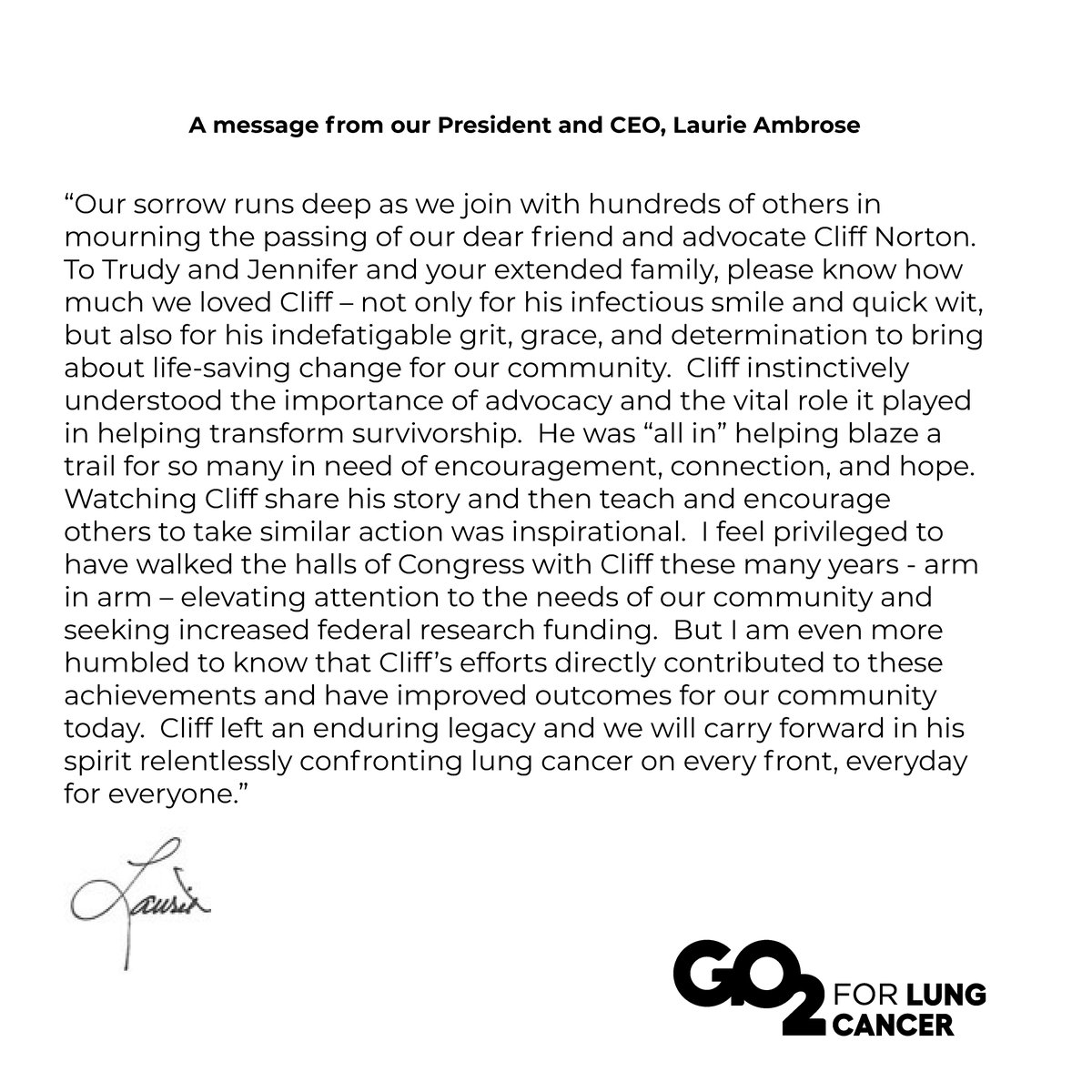 We are deeply saddened to share that we have lost our dear friend, Cliff Norton. A fierce advocate, Cliff’s work forever impacted the lung cancer community.