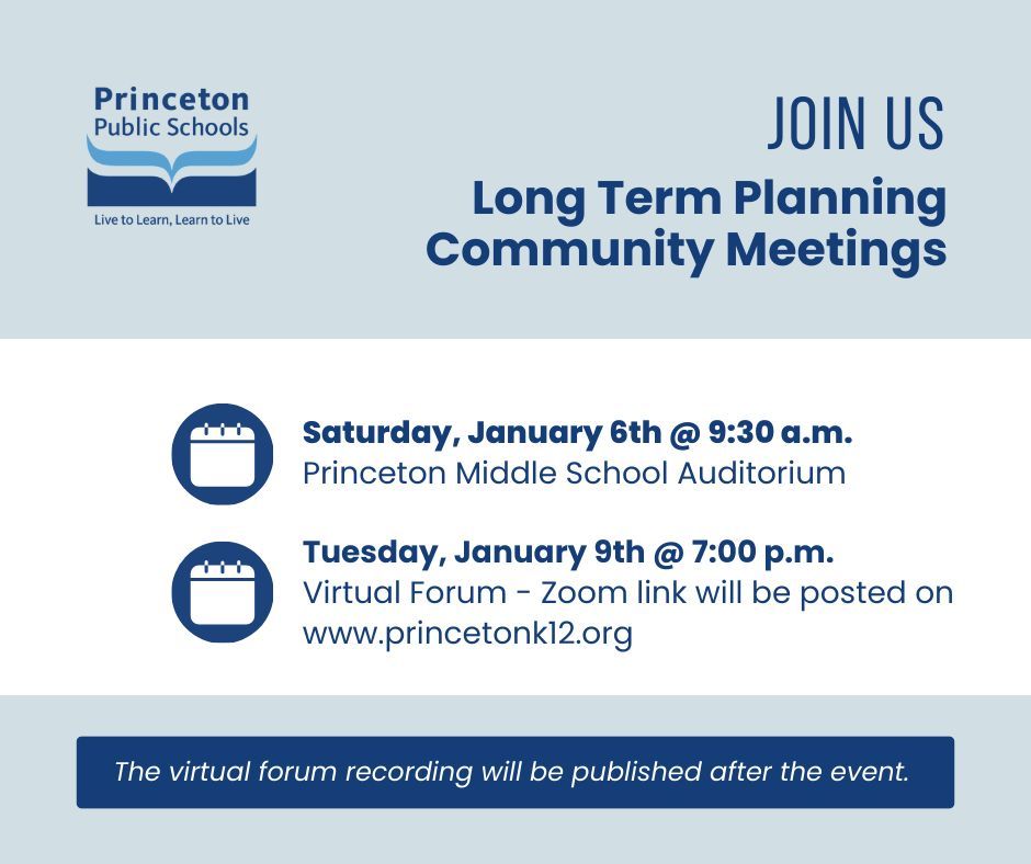 JOIN US! Long Term Planning Community Meetings are scheduled for January 6th at 9:30 a.m. (PMS Auditorium ) and January 9th (virtual) at 7:00 p.m. We hope to see you there.