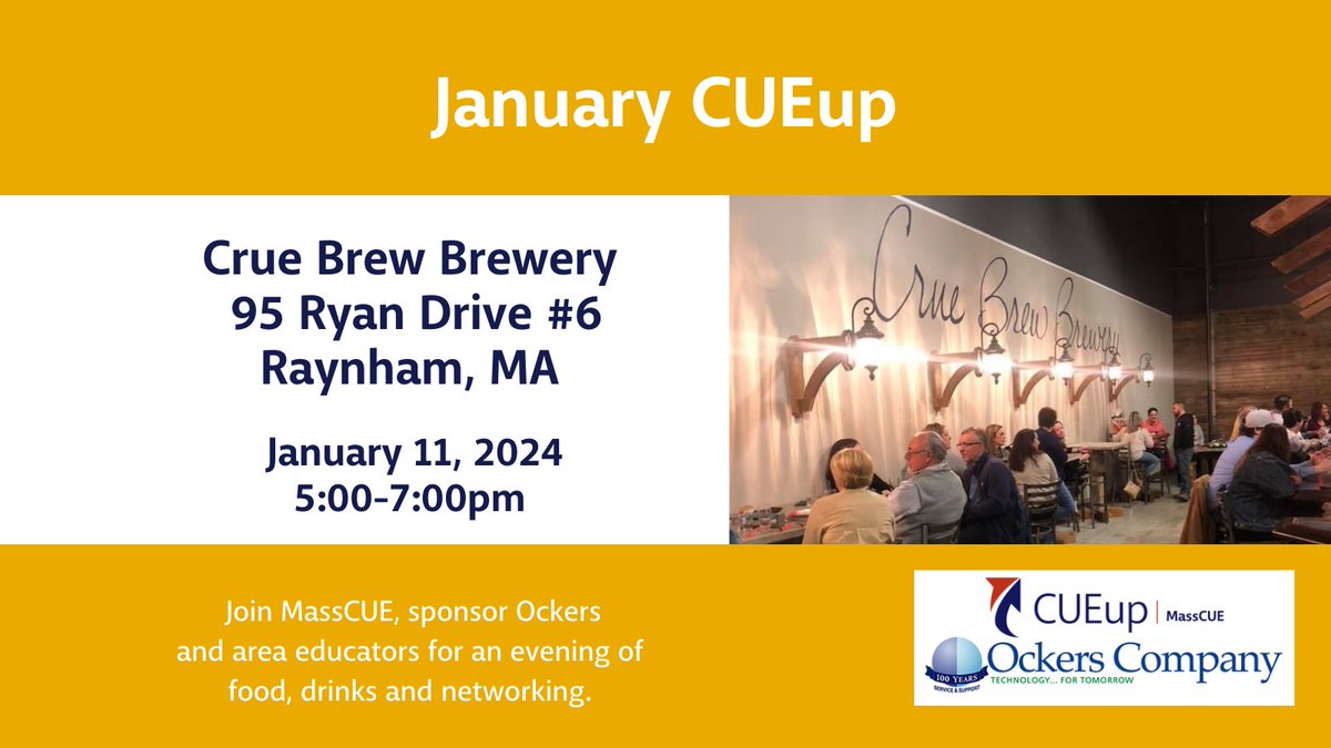 Make new connections and meet up with old friends at the next #MassCUE CUEup! Join us on Jan 11 at <a href="/CrueBrewBrewery/">Crue Brew Brewery</a> in Raynham for a FREE evening of drinks, snacks and #edtech. Sponsored by Corporate Partner <a href="/OckersCompany/">Ockers Technologies</a> Learn more and register: bit.ly/472HInr