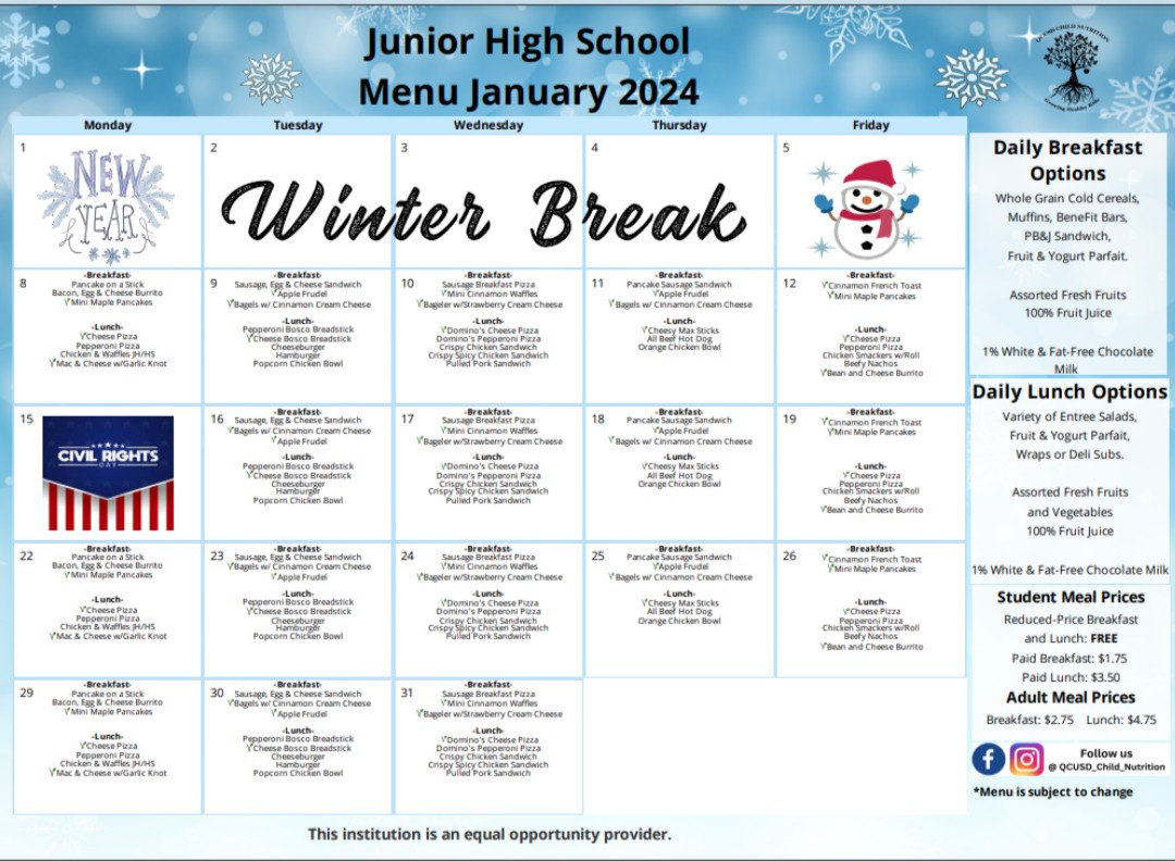 QcusdNutrition's tweet image. Happy New Year 🎉We are so excited to see you all back next week. You can check out the monthly menus for all schools at queencreekmenus.com 🥦🍎 #HappyNewYear #SchoolMenus #BackToSchool

*Menus are subject to change.