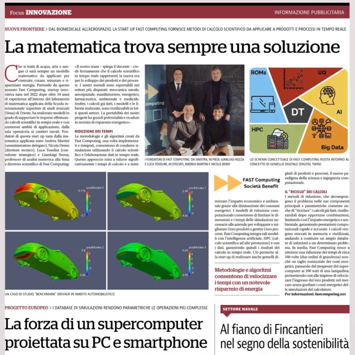 Fast_computing's tweet image. Today on #Repubblica #Innovazione a page dedicated to @Fast_computing with @Sissaschool #mathLab @rozzagroup with future insights and projects like @argos_webserver (PoC). Thanks @ERC_Research @AROMA_CFD (CoG) #realtimecomputing #fastcomputing #cse #digitaltwin #datascience #ai