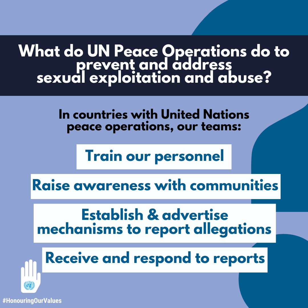 Upholding the highest standards of conduct is 🔑 for the @UN & Member States, tog. with local communities, to prevent sexual exploitation & abuse. From pre-deployment training to reporting & awareness programs - our commitment to integrity is unwavering. #HonouringOurValues