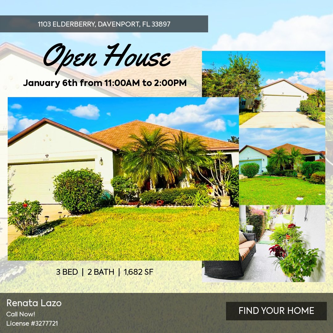 Relazobroker's tweet photo. Open House: January 6th from 11:00AM to 2:00PM

Welcome to this stunning 3-bedroom, 2-bathroom single family home nestled in the highly sought-after community of Davenport. Boasting a refreshing pool and a spacious 2-car garage, this property offers the perfect blend of comfort, https://t.co/Mh7JAJE4op