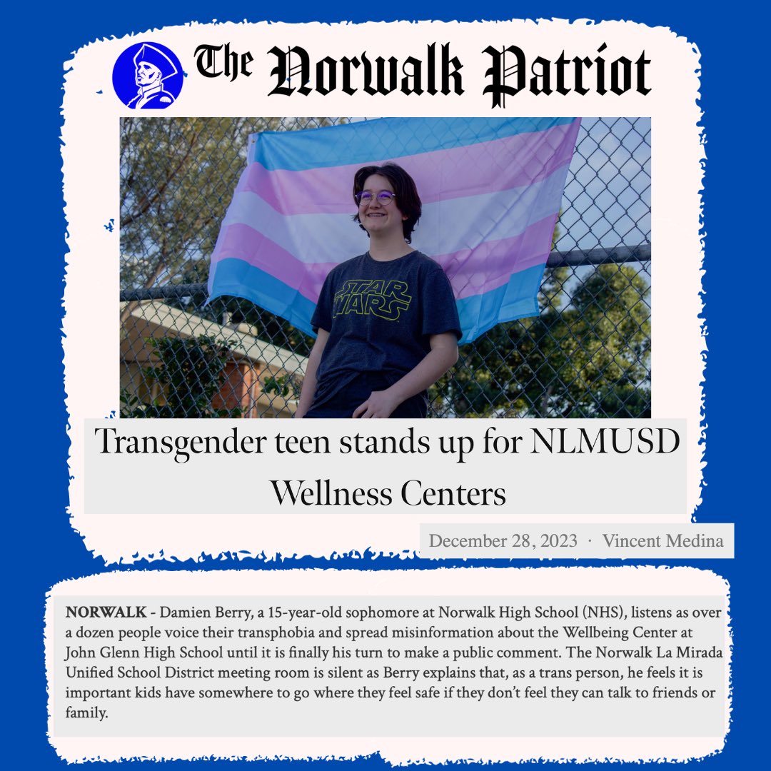 Damien Berry, a 15-year-old sophomore from <a href="/norwalk_high/">Norwalk High School</a> has defended the Wellbeing Center in <a href="/nlmusd/">Norwalk-La Mirada Unified School District</a> while navigating his own journey of self-discovery and acceptance.

✍️/📸 <a href="/VincentNMedina/">Vincent N. Medina</a> 

#norwalkpatriot #norwalkhighschool #nlmusd #trans #Wellbeing 

thenorwalkpatriot.com/news/2023/12/2…