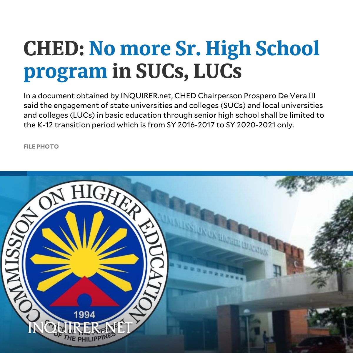 inquirerdotnet's tweet photo. The Commission on Higher Education confirmed its decision to discontinue senior high school programs in state universities and colleges (SUCs) and local universities and colleges (LUCs) across the country.

READ: https://t.co/5Vthyq7jOx https://t.co/TBUvxqAAP7