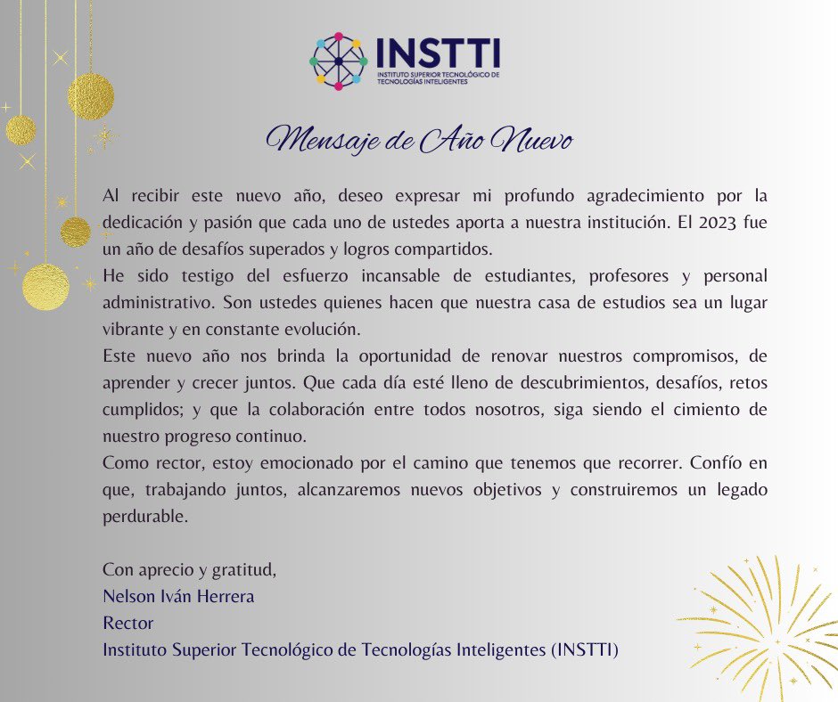 instti2023's tweet photo. A la comunidad educativa extendemos el mensaje del Rector de nuestra Institución #felizanonuevo2024 🌟 https://t.co/2KZYf5yS5V