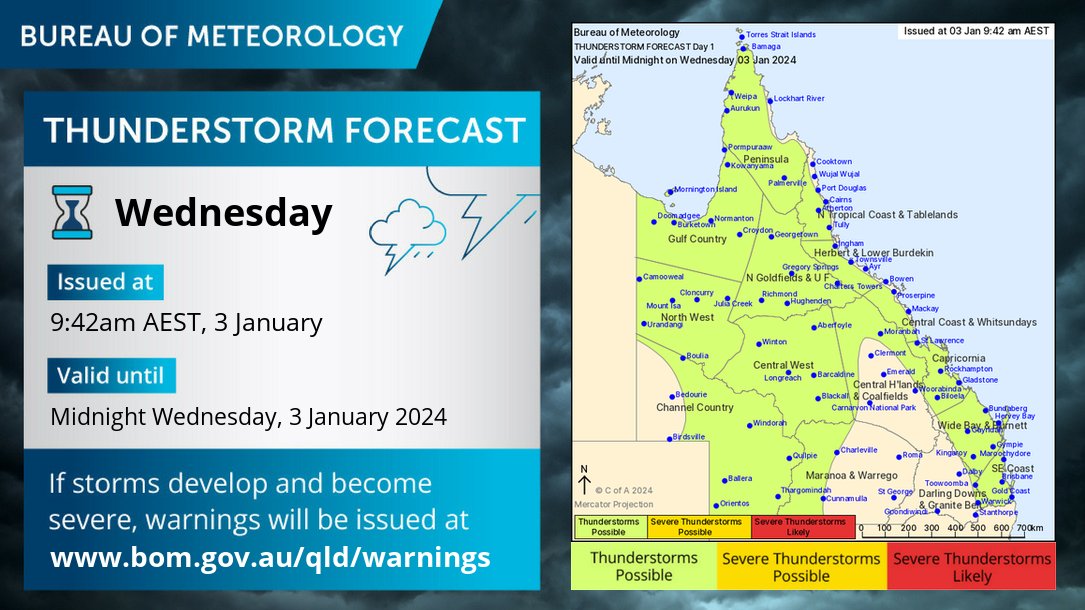 ⛈️ Thunderstorm forecast for today (Wed 3/1/24): Thunderstorm focus is expected to be across more western and northern #QLD. No severe activity is expected, though storms could be gusty in nature about the northwest of the state. Current warnings here: ow.ly/r5Iq50QmUiK