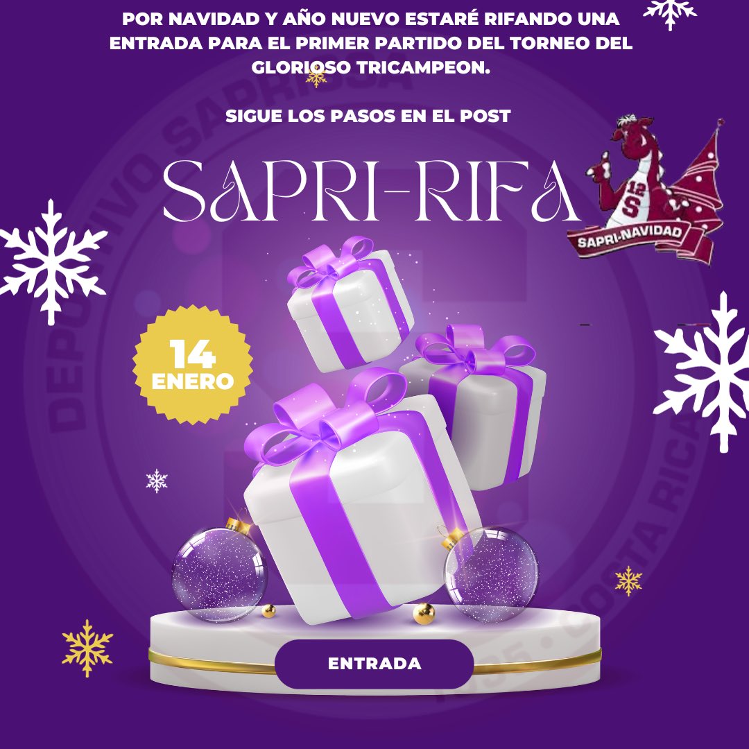 Mi gente, Sapri-Rifa de regalo por este año nuevo

Simplemente tienen que
• Seguir a esta cuenta
• Dar like
• Dar rt

Para una entrada para la primer jornada de Saprissa vs Puntarenas 

Para el recibimiento del glorioso tricampeón 💜🤍