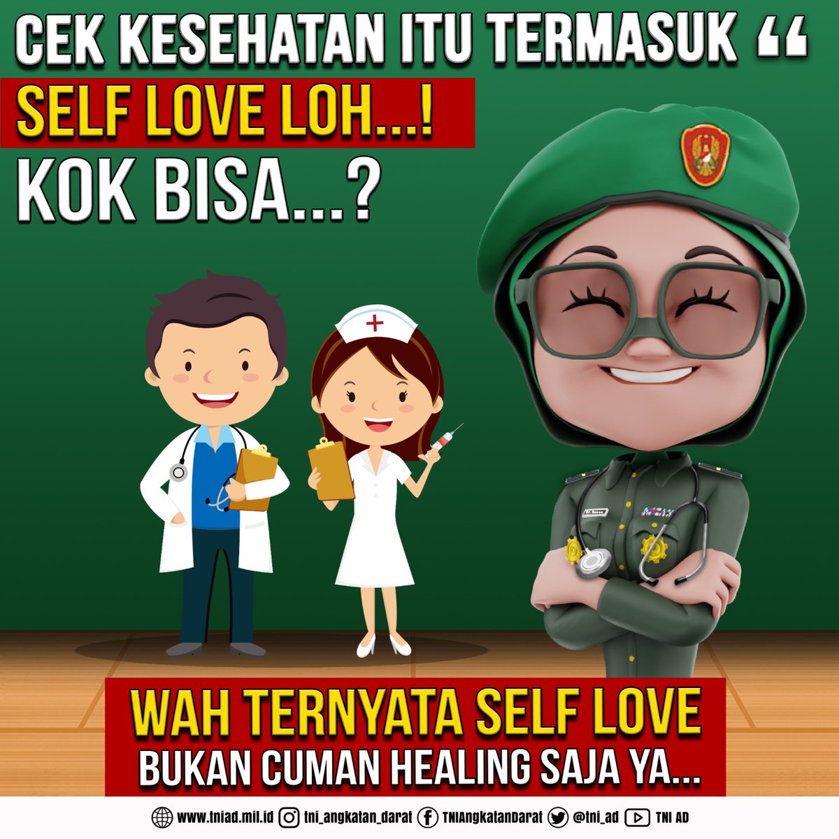 tni_ad's tweet photo. Cek Kesehatan Itu Termasuk Self Love Loh...
Kok Bisa?..

Selengkapnya :
https://t.co/FQOpW5PKym

#TNIADMengabdiDanMembangunBersamaRakyat
#tni
#tniad
#TNIADDihatiRakyat https://t.co/Q37xGZiF14