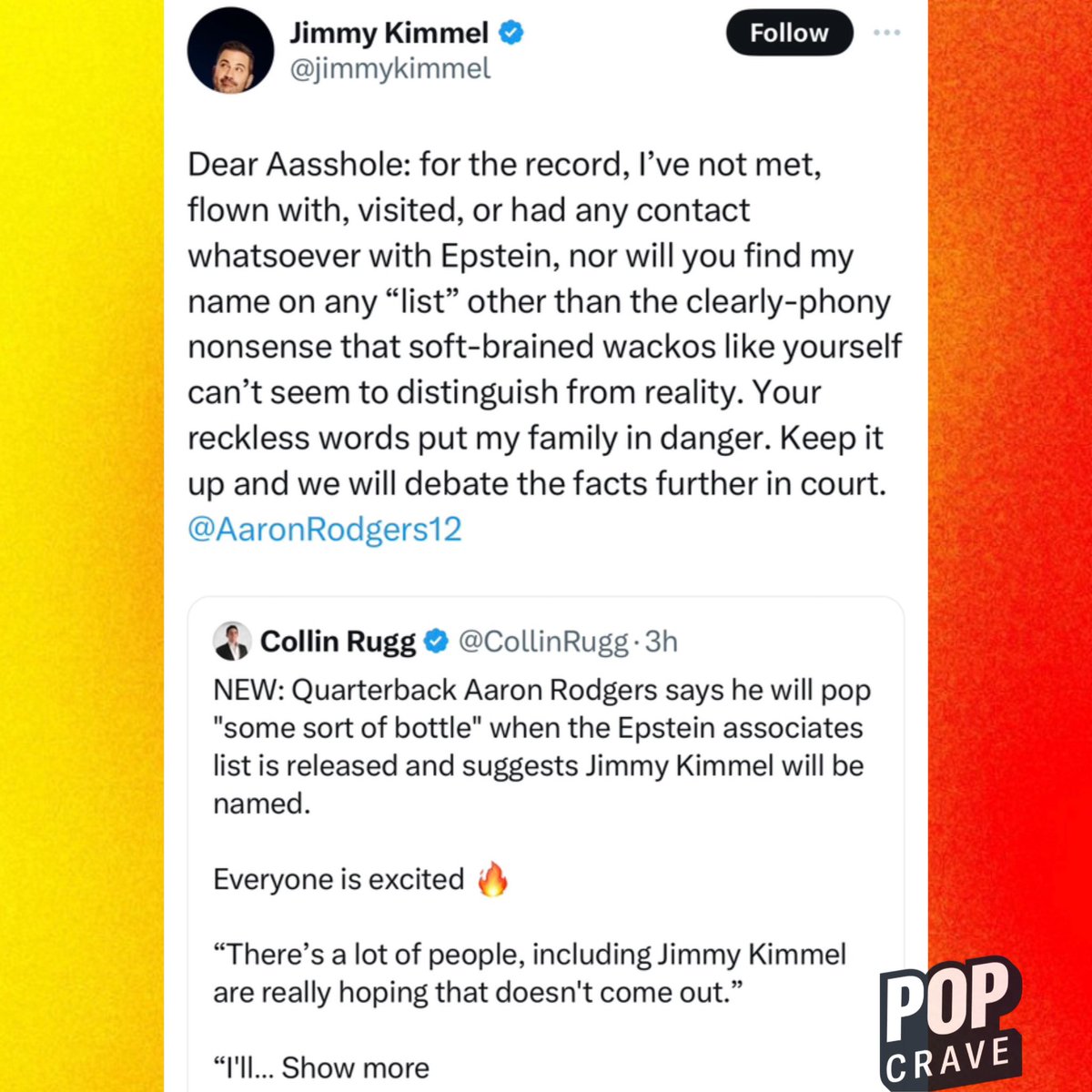 Jimmy Kimmel responds to NFL quarterback Aaron Rodgers after he suggested the comedian is on Epstein’s client list: “Dear Aasshole: for the record, I’ve not met, flown with, visited, or had any contact whatsoever with Epstein, nor will you find my name on any “list” other than…