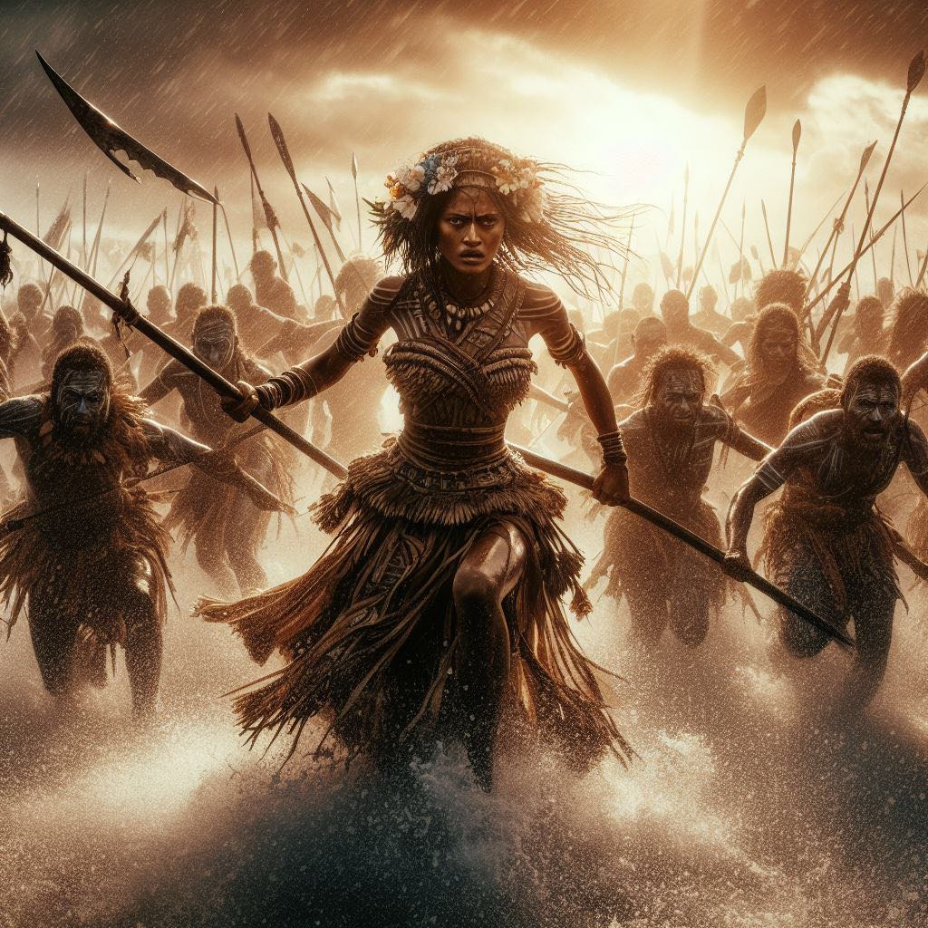 ShadyIslander's tweet photo. I narrated a tale I had heard from Colo about warrior women to an AI app. The tale also coincides with another of a great battle. The art was good but still wanting.

This was on the wife of Qiqi and her charge against Toro. https://t.co/qkw6vMfm0q