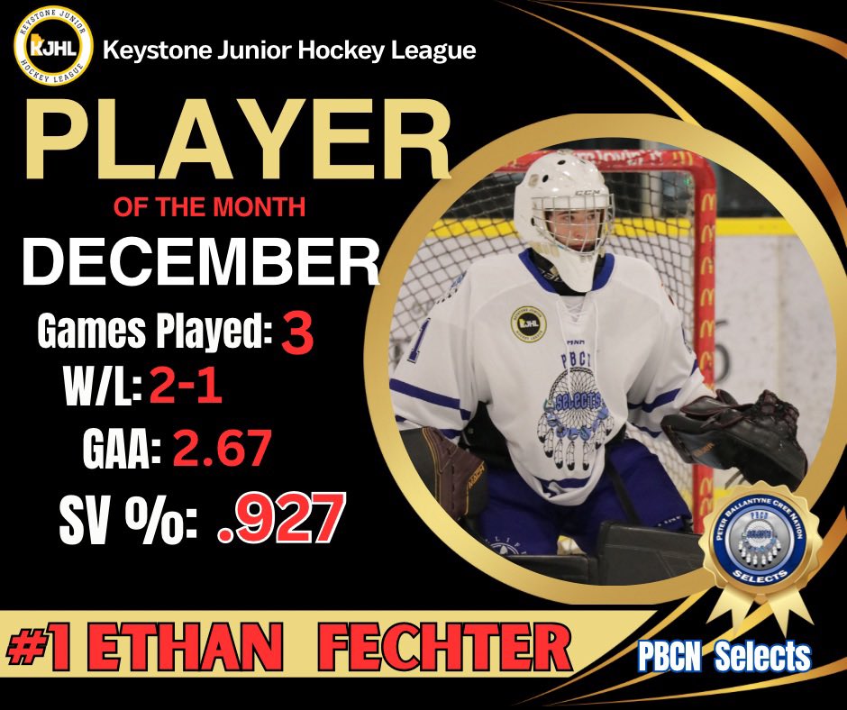 KJHLSelects's tweet photo. The KJHL Player of the month for December, 2023. Ethan Fechter. Congratulations! https://t.co/NEtsJoMeAj