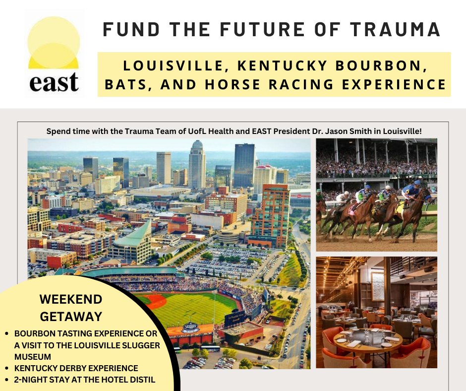Bid on a chance to win a weekend tour of Louisville, KY w/EAST President Jason Smith, MD, PhD while supporting the EAST Development Fund! Join EAST’s Fund the Future of Trauma silent auction happening January 1-12th! Bid today: bit.ly/3tDD9SG