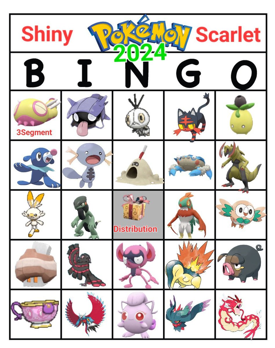 MythicalMkarp's tweet photo. Been absent for awhile. The end of 2023 has been about focusing on my growth. I wanna keep that going in 2024 too. Here is my Shiny BINGO card for the year. I didn't hit it last year but I got so many other shinies too. Happy 2024 Hunting! https://t.co/sVEDMD8QdM