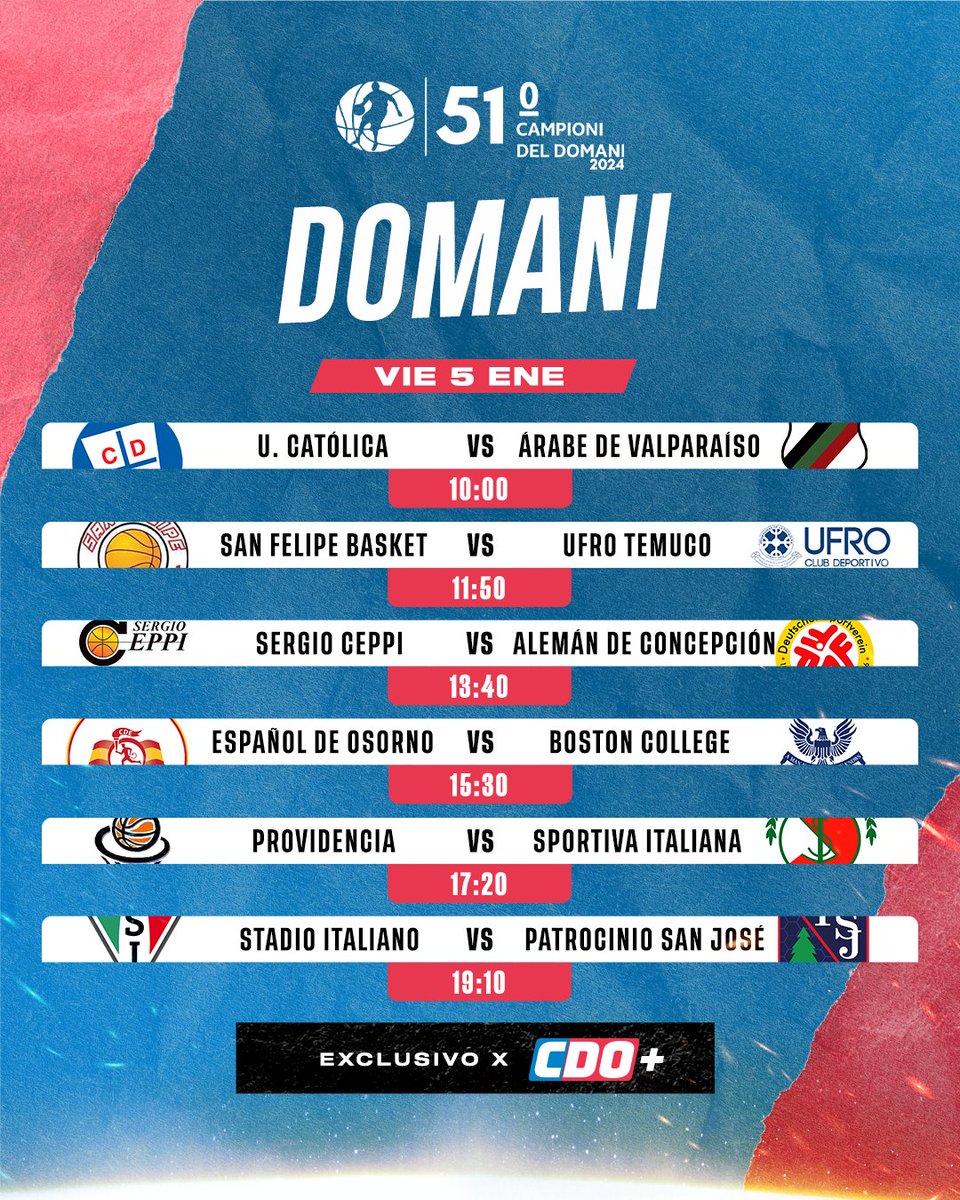 canal_CDO's tweet photo. EL CAMPIONI DEL DOMANI 2024 SE VIVE EN CDO+🤩
TODOS los partidos del Campioni del Domani 2024 los podrás ver en https://t.co/DpiWsybSmb y en la App de CDO+ EN VIVO del 4 al 14 de enero🏀🏆 https://t.co/7oYTh9urae