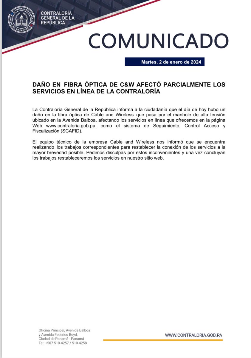 Daño en fibra óptica de C&W afectó parcialmente los servicios en línea de la Contraloría.