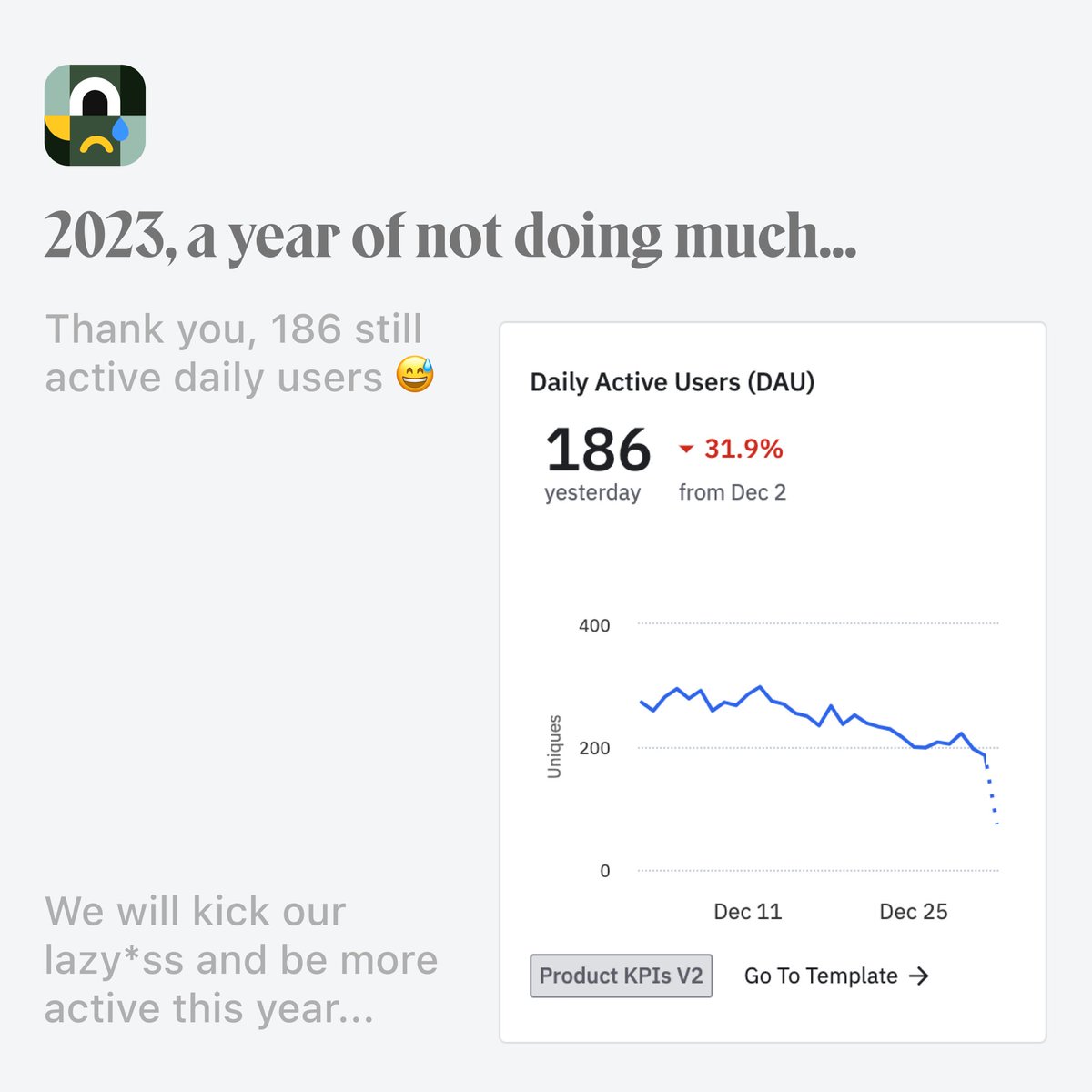 LockcardApp's tweet photo. After a whole year of being layback, we have 186 DAUs left🥹😅😅 It’s a bit awkward, but that guilt is my most genuine feeling now. If I wanna start anew. Let’s begin by facing the reality.
#buildinginpublic #vocabulary https://t.co/pk7vEvGPGe