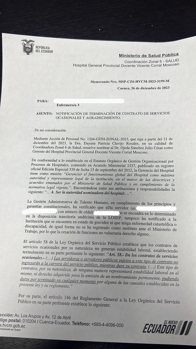 🗞️
El 2024 empieza con DESVINCULACIONES en el sector público 🚫

Cientos de médicos y enfermeras fueron separados de <a href="/IESSec/">IESS</a> y <a href="/Salud_Ec/">Ministerio de Salud Pública 🇪🇨</a> , a pesar del déficit de estos profesionales en el sector público.

Está medida afecta directamente el acceso a la salud de los ecuatorianos.