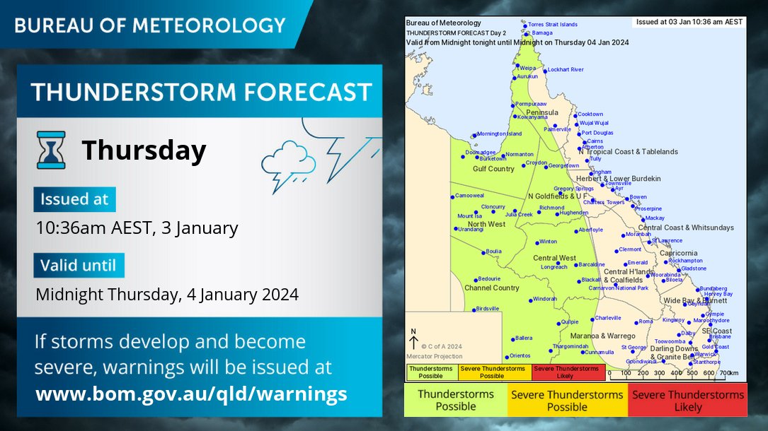 ⛈️ Tomorrow's #thunderstorm forecast is also now available. #Thunderstorms are expected to affect northern and western #QLD during the afternoon and evening. #SevereThunderstorms are unlikely. Thunderstorms continue to affect parts of QLD to the weekend: ow.ly/VP0850QngzC