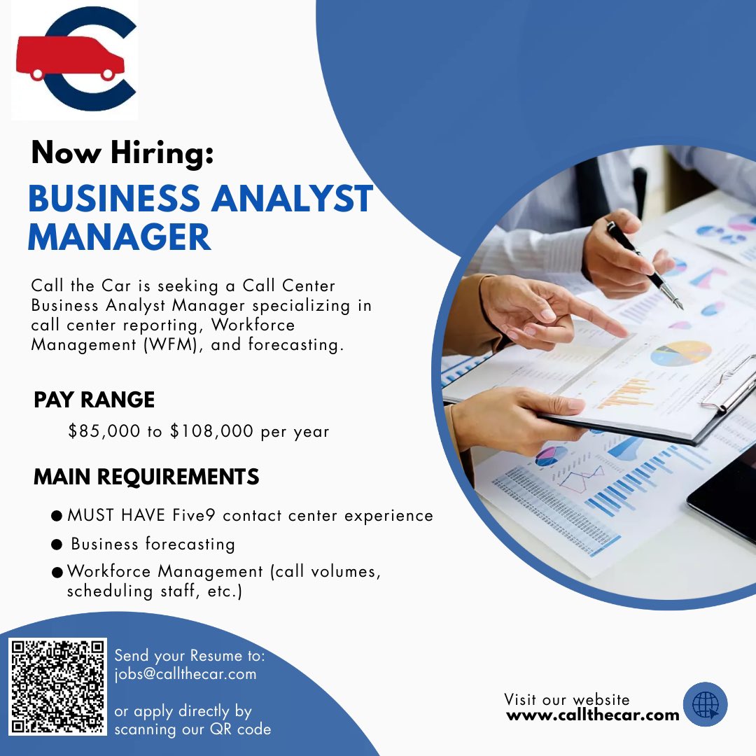 MyPowerQuotes's tweet image. Now Hiring: Business Analyst Manager 📢

-Location: Diamond Bar, California 
- MUST HAVE Five9 contact center experience
- 5 years+ experience in Business Analyst of call center roles

#NowHiring #BusinessAnalystManager #CallCenterOperations #DataAnalysis #WorkforceManagement
