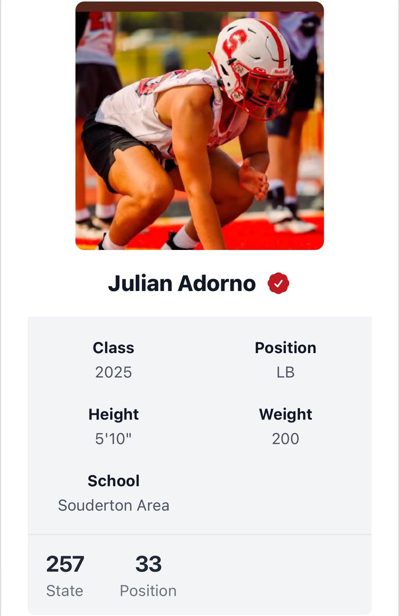 Going from unranked to being considered the 33rd best LB in the state class of ‘25 is pretty awesome! Thank you @PRZPAvic and @PrepRedzonePA for the ranking update, I still have a lot of work to do #notdoneyet @SoudyFB