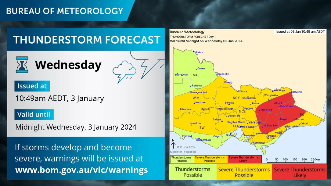 ⚡ SEVERE THUNDERSTORMS producing heavy rainfall/flash flooding, damaging winds, or large hail are a risk over much of #Vic this afternoon - particularly the eastern ranges & Gippsland hills where INTENSE rainfall may cause life-threatening flash flooding. ow.ly/lJnj50QngB5