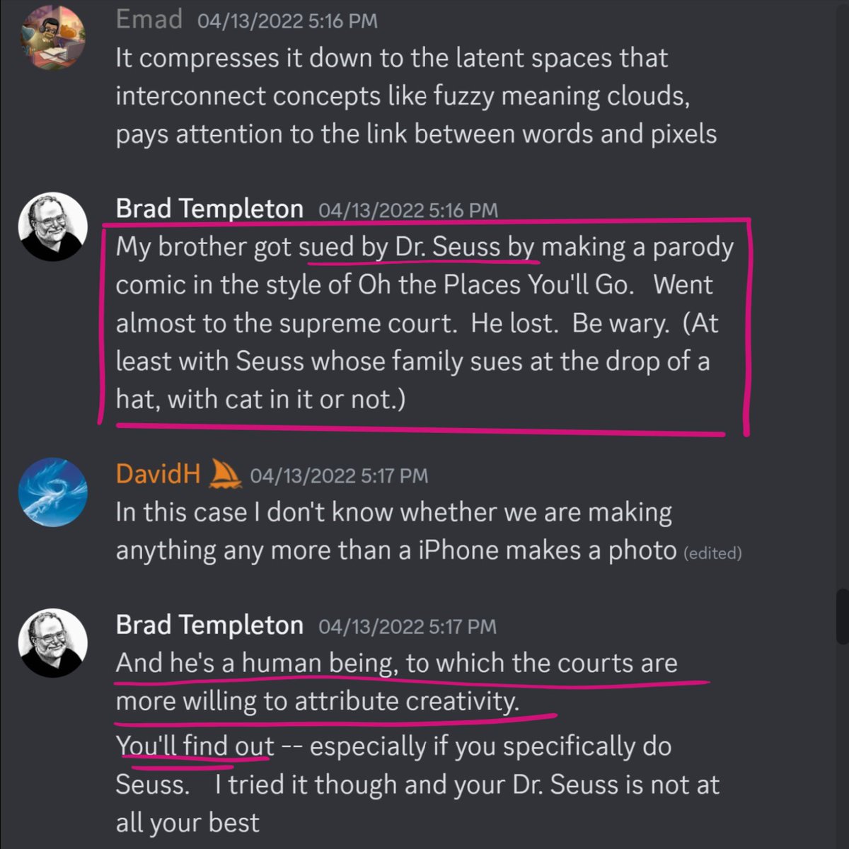 JonLamArt's tweet photo. David Holz (MJ) was warned of Copyright infringement if Artists were used to train Midjourney  by Software developer Brad Templeton several times. BT also included a Dr.Suess lawsuit anecdote. Sourced from>
https://t.co/ll7UNL3Vip 
"You are going to have a copyright problem" https://t.co/4BpKnzJC7e