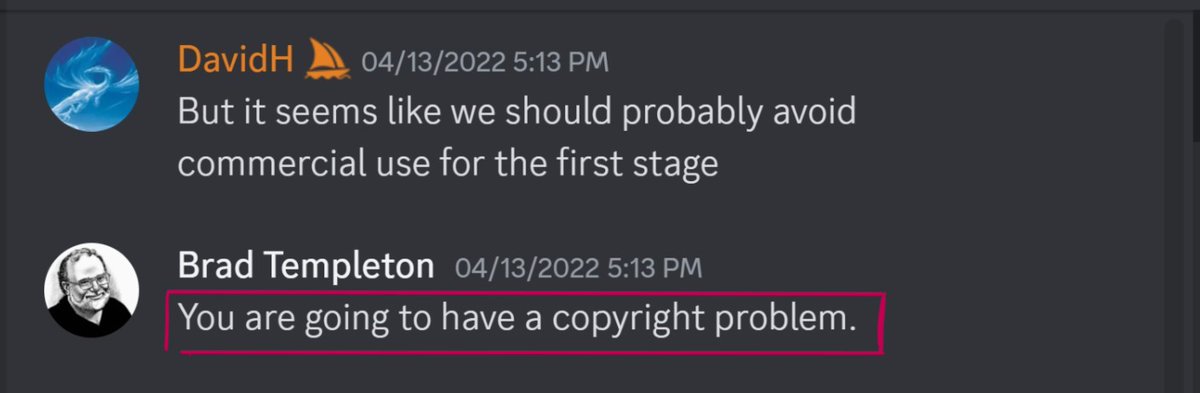JonLamArt's tweet photo. David Holz (MJ) was warned of Copyright infringement if Artists were used to train Midjourney  by Software developer Brad Templeton several times. BT also included a Dr.Suess lawsuit anecdote. Sourced from>
https://t.co/ll7UNL3Vip 
"You are going to have a copyright problem" https://t.co/4BpKnzJC7e