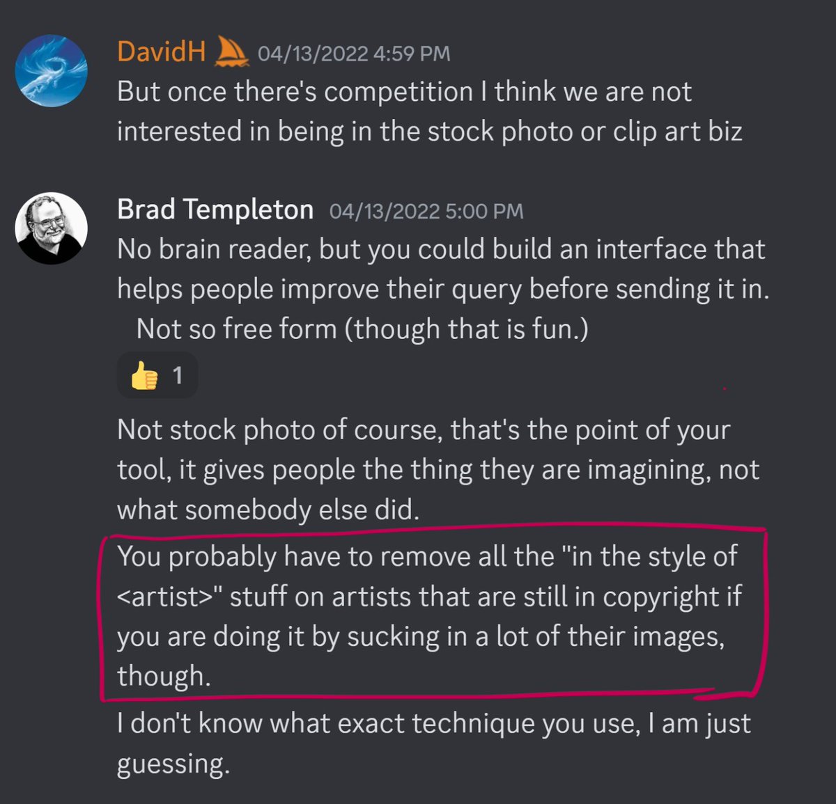 JonLamArt's tweet photo. David Holz (MJ) was warned of Copyright infringement if Artists were used to train Midjourney  by Software developer Brad Templeton several times. BT also included a Dr.Suess lawsuit anecdote. Sourced from>
https://t.co/ll7UNL3Vip 
"You are going to have a copyright problem" https://t.co/4BpKnzJC7e