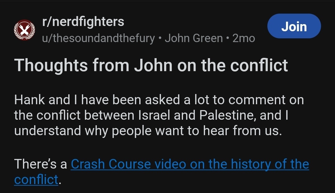 Response to <a href="/johngreen/">🐢🐢🐢John Green🐢🐢🐢</a> and <a href="/hankgreen/">Hank Green</a> 's statement about israel and Palestine:
a very long thread 🧵
