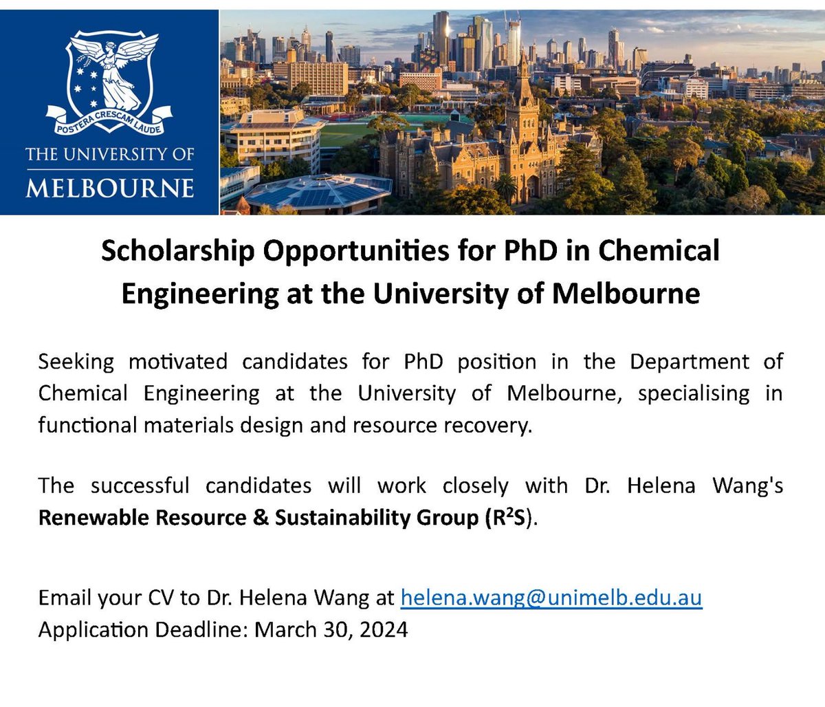 Join us at @UniMelb 🔬 PhD scholarships in my Renewable Resource & Sustainability Group (R2S) @EngUniMelb 🌐 Focus on functional materials design and resource recovery @arc_gov_au @RACInational @WomenSciAUST @ANSTO #PhD #ChemicalEngineering #ResearchOpportunity