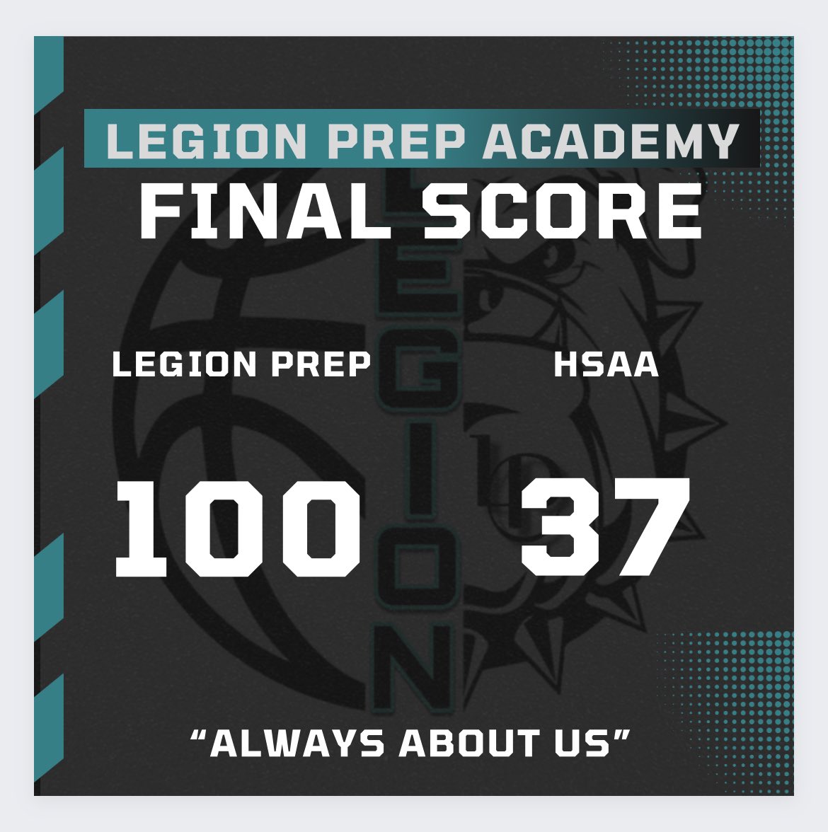 FINAL: Legion, 100. HSAA, 37.

Tonight’s win put us, 15-4 on the season. 

Next game: 1/9.

#WeAreLegion ✖️🖤🤍🐶