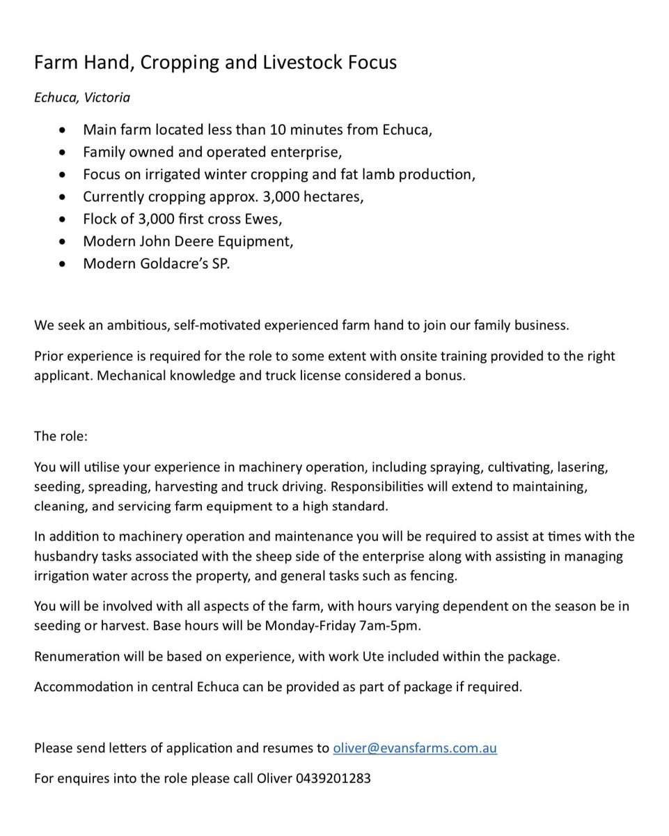 Oliver Evans (@ollyevans45) on Twitter photo Any skilled farm hands looking for a full time job please reach out! We would love to further discuss our operation, and the current role available with anyone interested. Any skilled farm hands looking for a full time job please reach out! We would love to further discuss our operation, and the current role available with anyone interested.