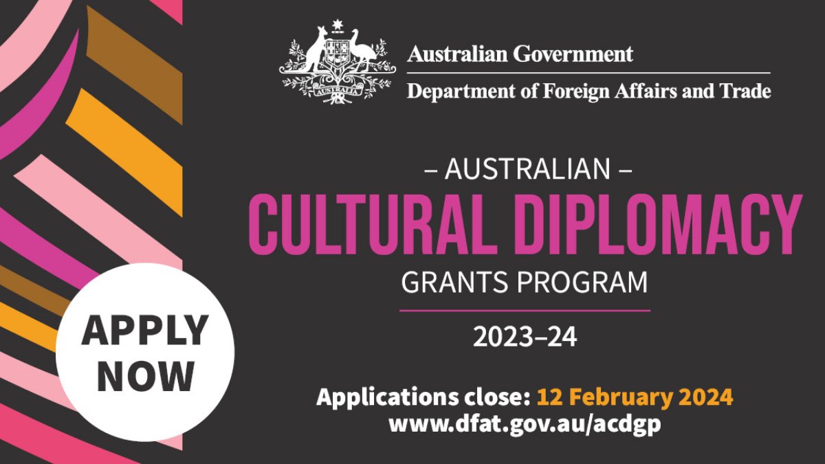 AusGovArts's tweet photo. ๐ข The Australian Cultural Diplomacy Grants Program is now open! Grants of up to $60,000 are available to showcase Australiaโs creative sector on the international stage ๐
Apply by 12 February: https://t.co/Xy5idWdHSo
#ACDGP #ACDGP2024 #artsfunding #grant #dfat #artists https://t.co/rk3FnyfqHE