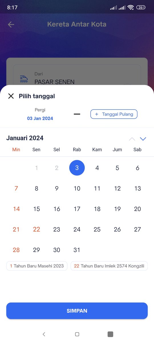 Min <a href="/KAI121/">Kereta Api Indonesia</a> tolong hari libur di aplikasi KAI Acces di update sesuai hari libur tahun 2024. Masak 22 Januari 2024 hari libur memperingati tahun baru imlek.