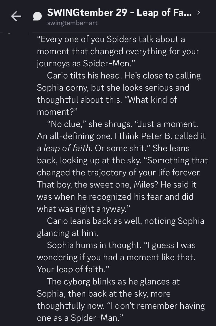 sibbydoo's tweet photo. [🕸] SWINGtember 29 - Leap of Faith

Here’s an extra long story in honor of the last entry to this challenge, AND for Cario’s birthday today! 

Most Spider-Men had their leaps of faith as they donned the suit. But Cario had been a child…

#ProjectSWING #SWINGtember #spidersona https://t.co/aq4tFnOdsq