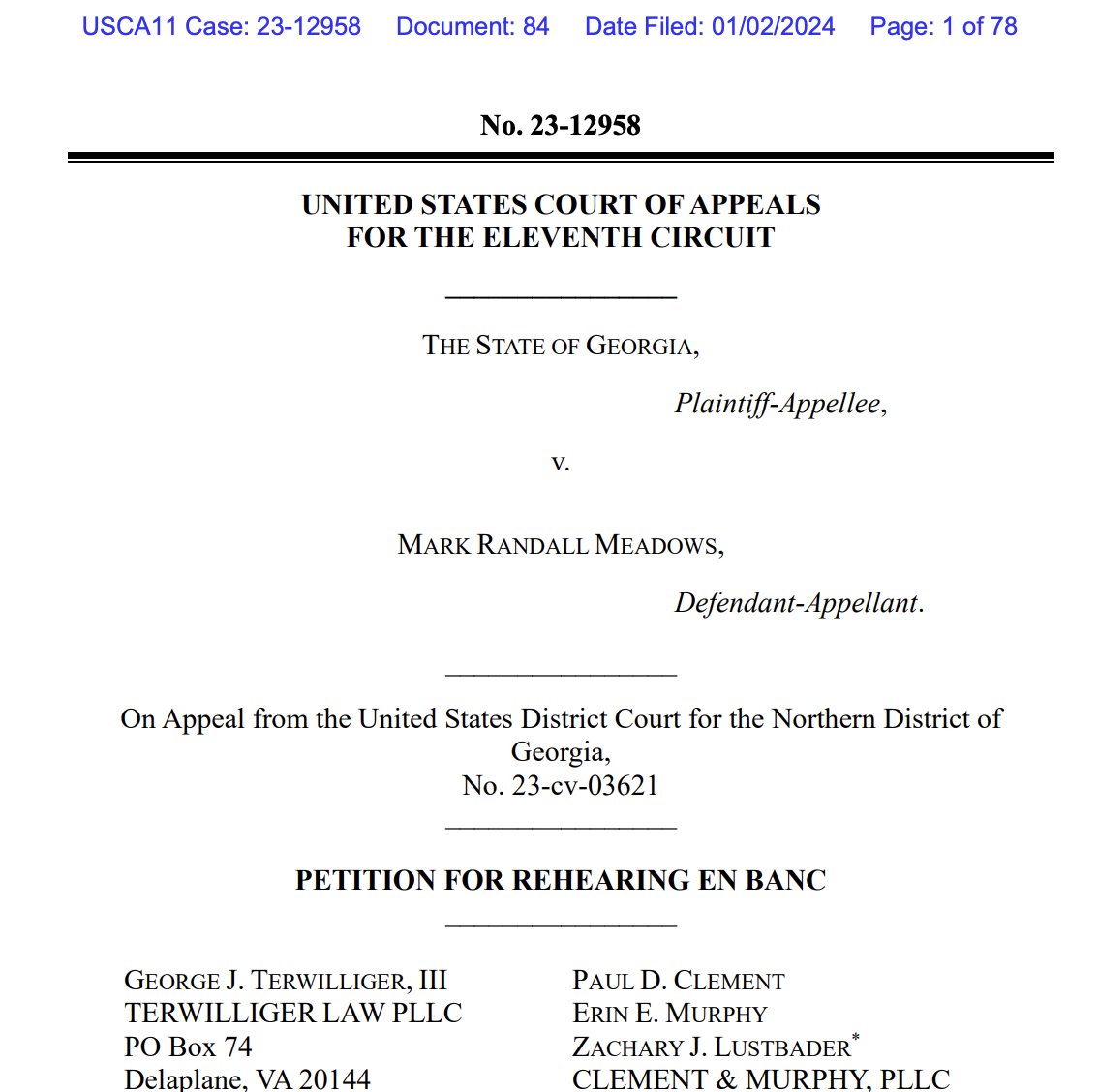 Here's the Paul Clement-backed petition for an en banc rehearing at the 11th Circuit in the Mark Meadows removal case: storage.courtlistener.com/recap/gov.usco…