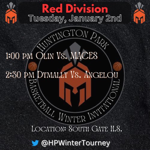 ParkHoopz's tweet photo. Huntington Park Wintet Invitational Red and Blue Division games kick off today @ South Gate High School and Sacred Heart HS. https://t.co/tjTlJPcIOG