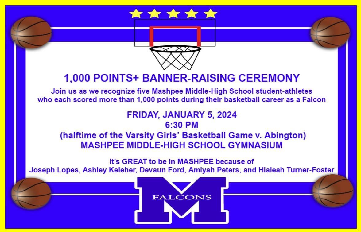 Where should you be Friday night?  At MMHS celebrating the accomplishments of 5 MPS graduates + supporting our girls' varsity basketball team.  We will be raising the 1000+ points banner during half-time.  We hope to see the gymnasium filled with members of our #Mashpee Community