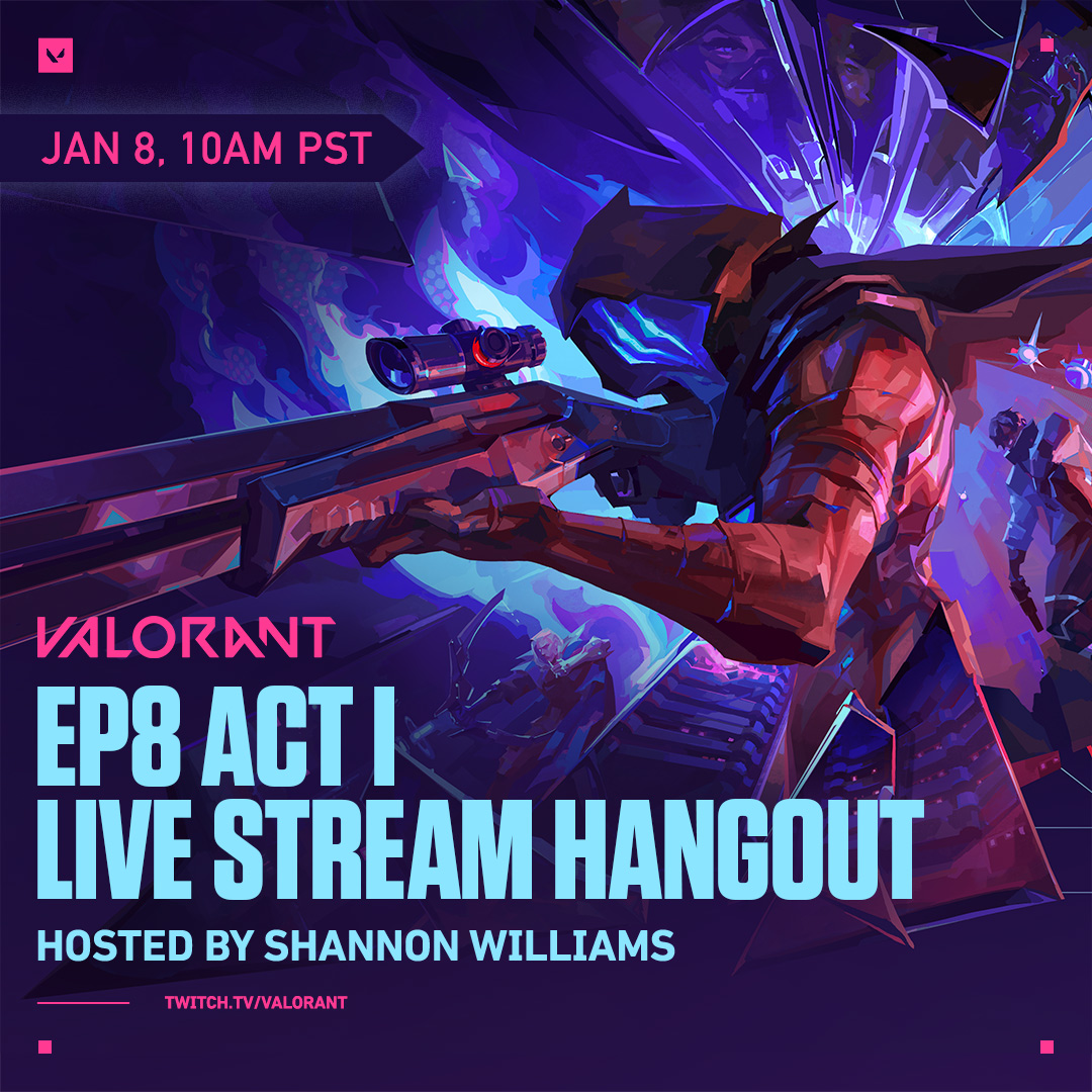 VALORANT's tweet photo. Our devs and @ArrumieShannon are teaming up for a stream dedicated to all things Episode 8 Act 1. They'll talk about our newest weapon, Kuronami skinline, lore, and map updates.

Set up your co-stream or join the chat JAN 8, 10AM PT at https://t.co/wPheJoPjqB https://t.co/RHY09uENI3