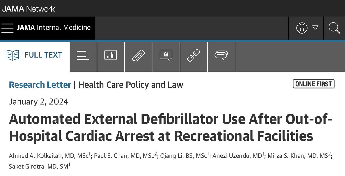 Hot off the press @JAMAInternalMed AEDs are only effective if put to use. Additional efforts are needed to overcome barriers for public access defibrillation. Article: jamanetwork.com/journals/jamai… Editorial: jamanetwork.com/journals/jamai… U.S. News & World Report: usnews.com/news/health-ne…