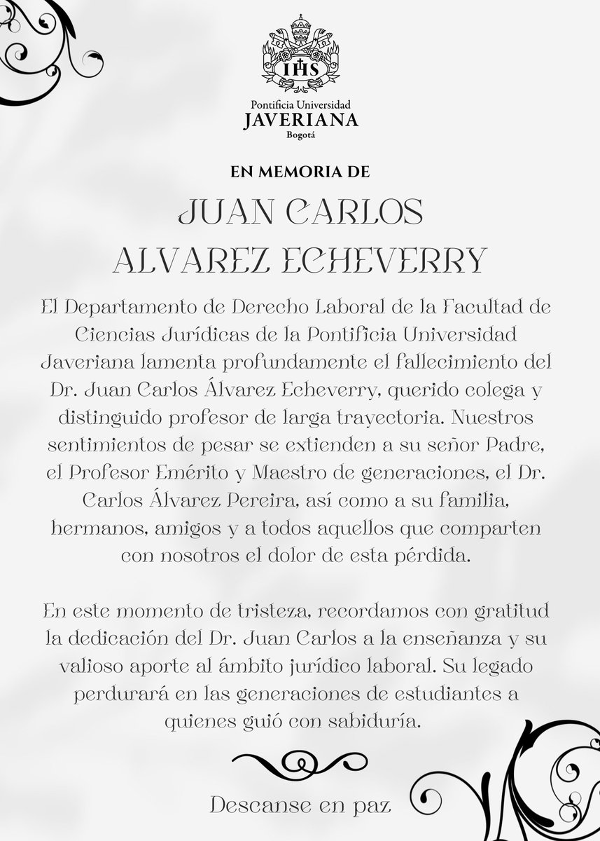 Observatoriopuj's tweet photo. Lamentamos profundamente el fallecimiento del Dr. Juan Carlos Álvarez Echeverry. https://t.co/XF7nLCFytK