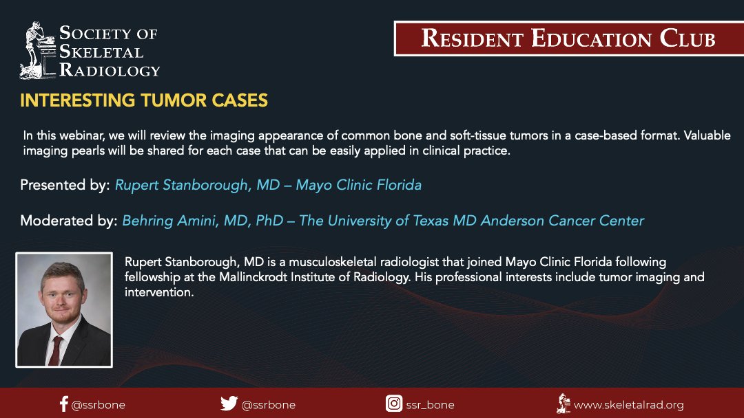 Society of Skeletal Radiology (@ssrbone) on Twitter photo New year, New REC!
Join us Wed, 01/10 @ 7PM ET as Dr. Rupert Stanborough of <a href="/MayoFL_RadRes/">Mayo Clinic Radiology Residency Florida</a> presents his most interesting MSK tumor cases.
🔗 to register: skeletalrad.org/resident-educa…
<a href="/HillaryGarnerMD/">Hillary Garner</a> <a href="/VivekKaliaMD/">Vivek Kalia, MD MPH</a> <a href="/SoteriosGyft/">Soterios Gyftopoulos MD MBA MSc</a> <a href="/cychang1414/">Connie Y Chang</a> <a href="/ssr_rwg/">SSR_RWG</a> <a href="/_the_SRT/">The Society of Radiologists in Training</a> #mskrad #radres New year, New REC!
Join us Wed, 01/10 @ 7PM ET as Dr. Rupert Stanborough of <a href="/MayoFL_RadRes/">Mayo Clinic Radiology Residency Florida</a> presents his most interesting MSK tumor cases.
🔗 to register: skeletalrad.org/resident-educa…
<a href="/HillaryGarnerMD/">Hillary Garner</a> <a href="/VivekKaliaMD/">Vivek Kalia, MD MPH</a> <a href="/SoteriosGyft/">Soterios Gyftopoulos MD MBA MSc</a> <a href="/cychang1414/">Connie Y Chang</a> <a href="/ssr_rwg/">SSR_RWG</a> <a href="/_the_SRT/">The Society of Radiologists in Training</a> #mskrad #radres